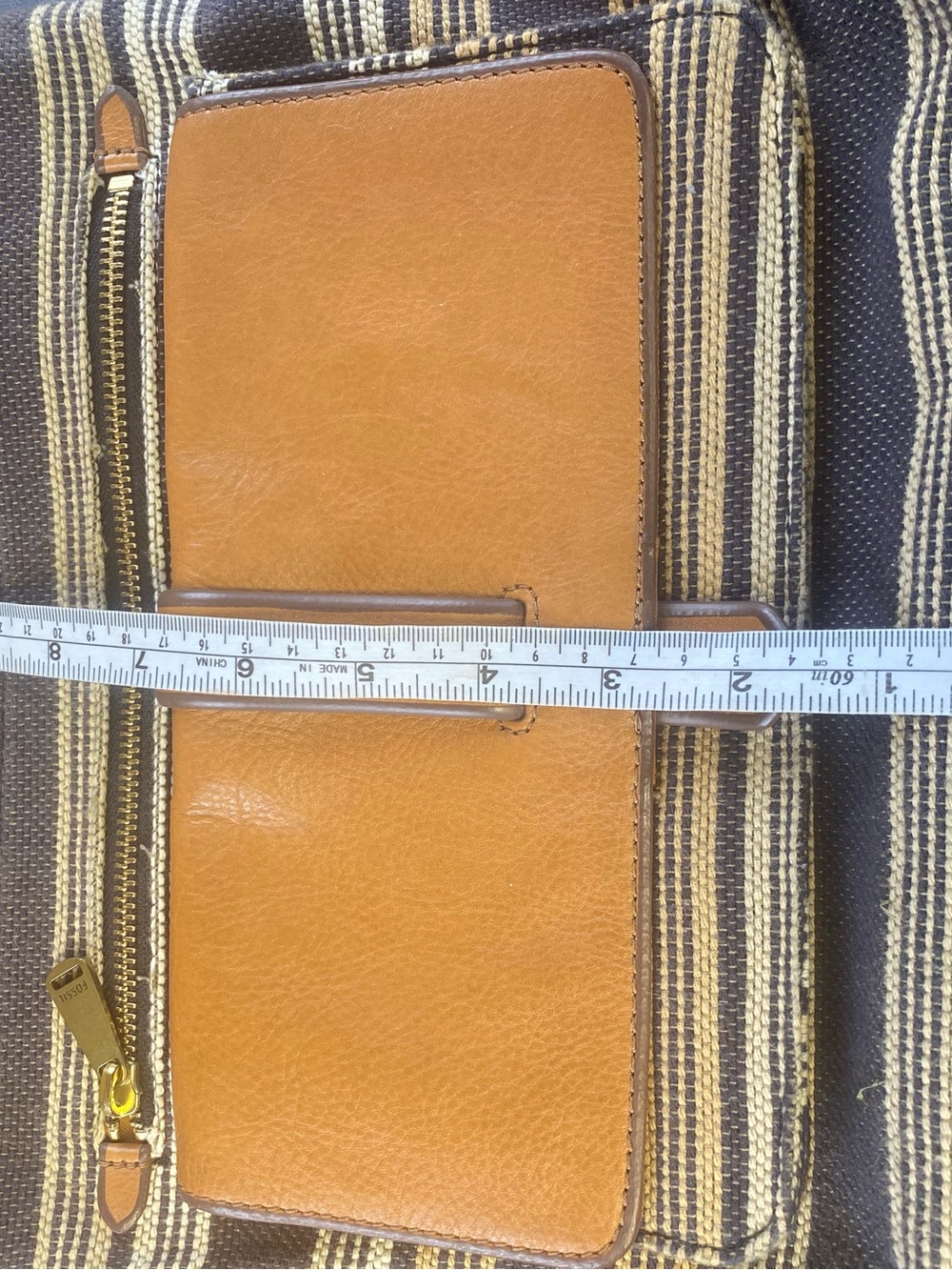 Fossil Kinley Bohemian Brown & BlueGrey Striped Canvas Crossbody Bag w/key charm - Picture 5 of 9